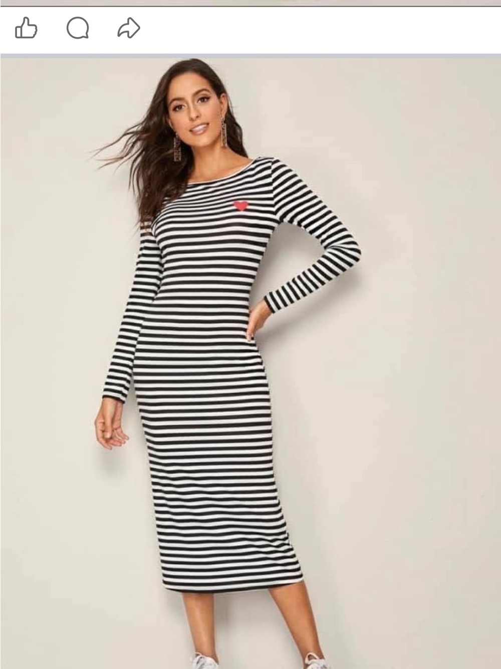 SHEIN Black and White Striped Long Sleeve Midi Dress with Red Heart